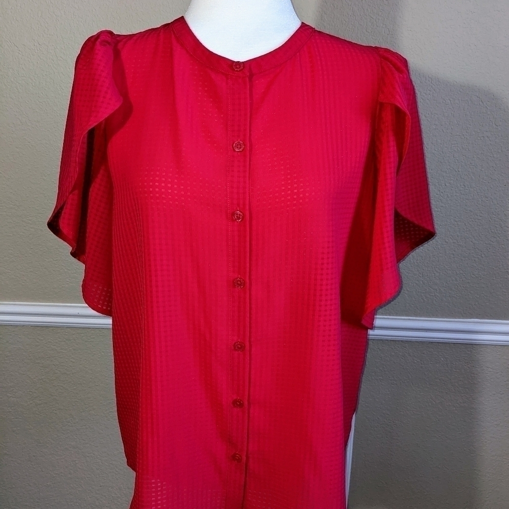 Hot Pink Flutter Sleeve Gingham Sheer Blouse by Who What Wear